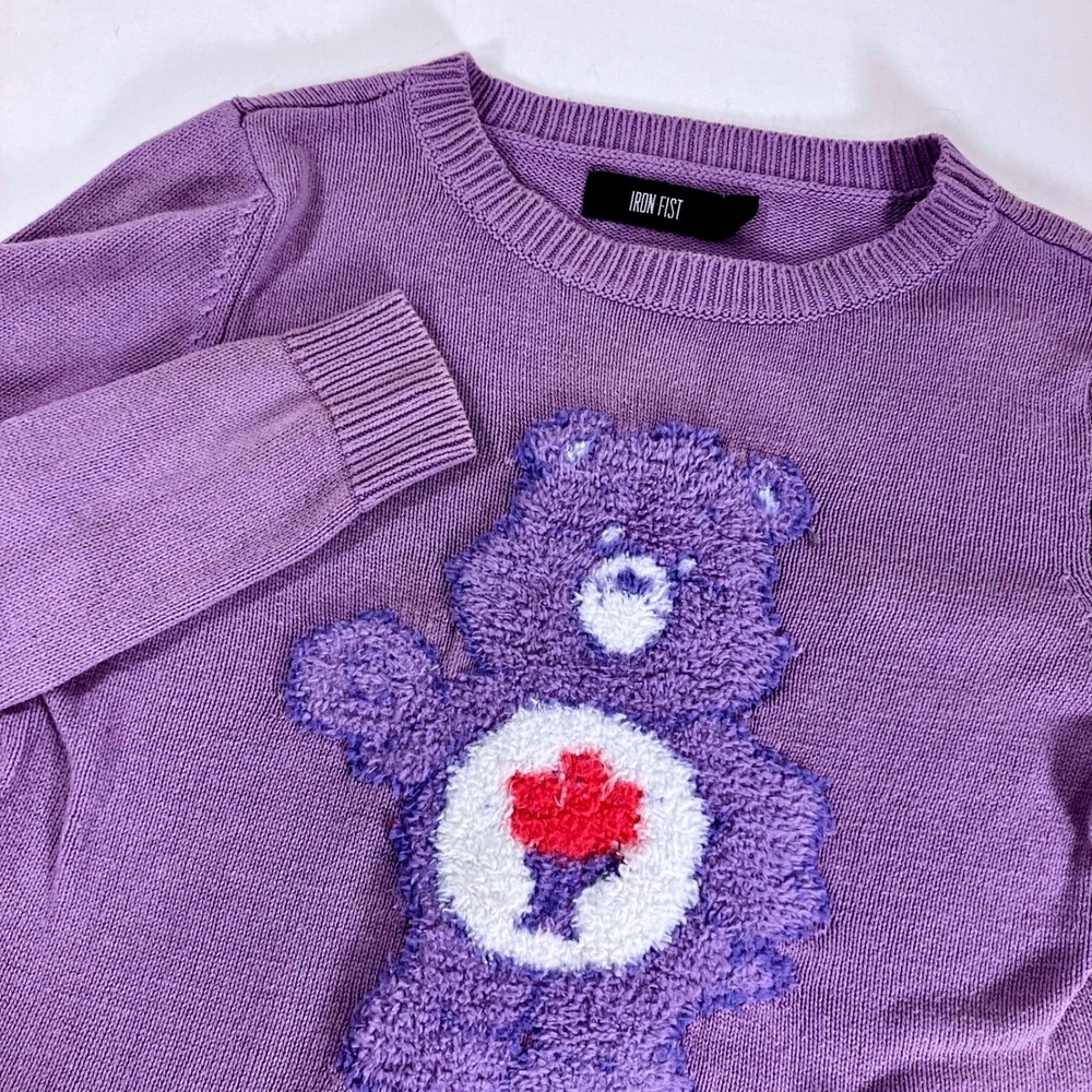 Iron Fist Care Bears Sweater Purple Share Bear Fuzzy Patch Knit Top Small - Picture 5 of 10